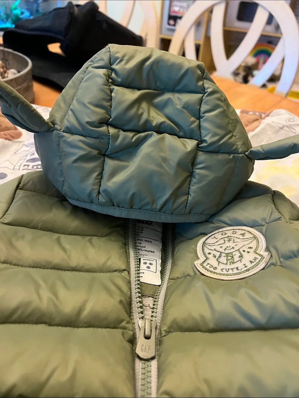 Star Wars Baby Gap Olive Green Puffer Jacket with Yoda Patch and Yoda hood